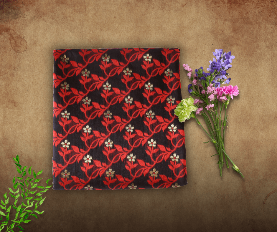 Red Black Floral Embroidered Jamdani Saree with BP Red Black Floral Embroidered Jamdani Saree with BP