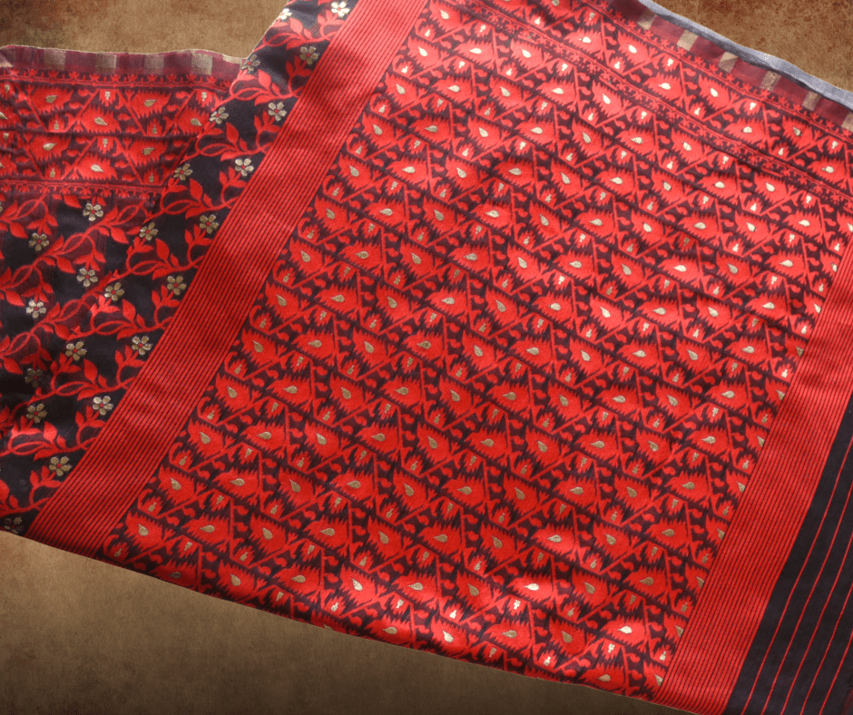 Red Black Floral Embroidered Jamdani Saree with BP Red Black Floral Embroidered Jamdani Saree with BP