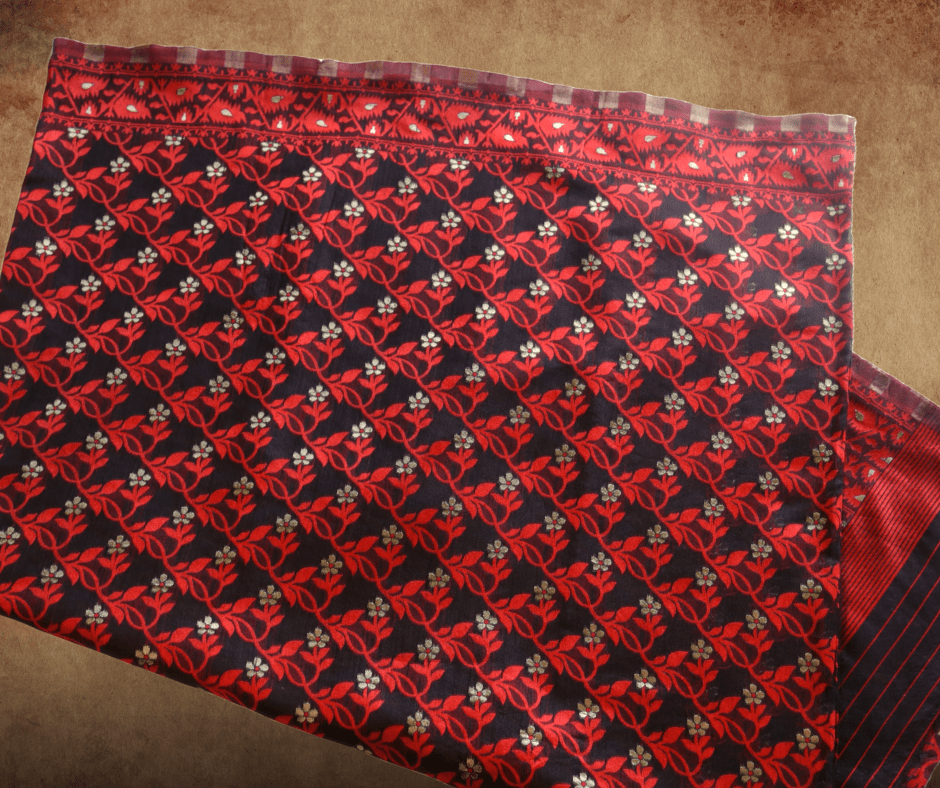 Red Black Floral Embroidered Jamdani Saree with BP Red Black Floral Embroidered Jamdani Saree with BP