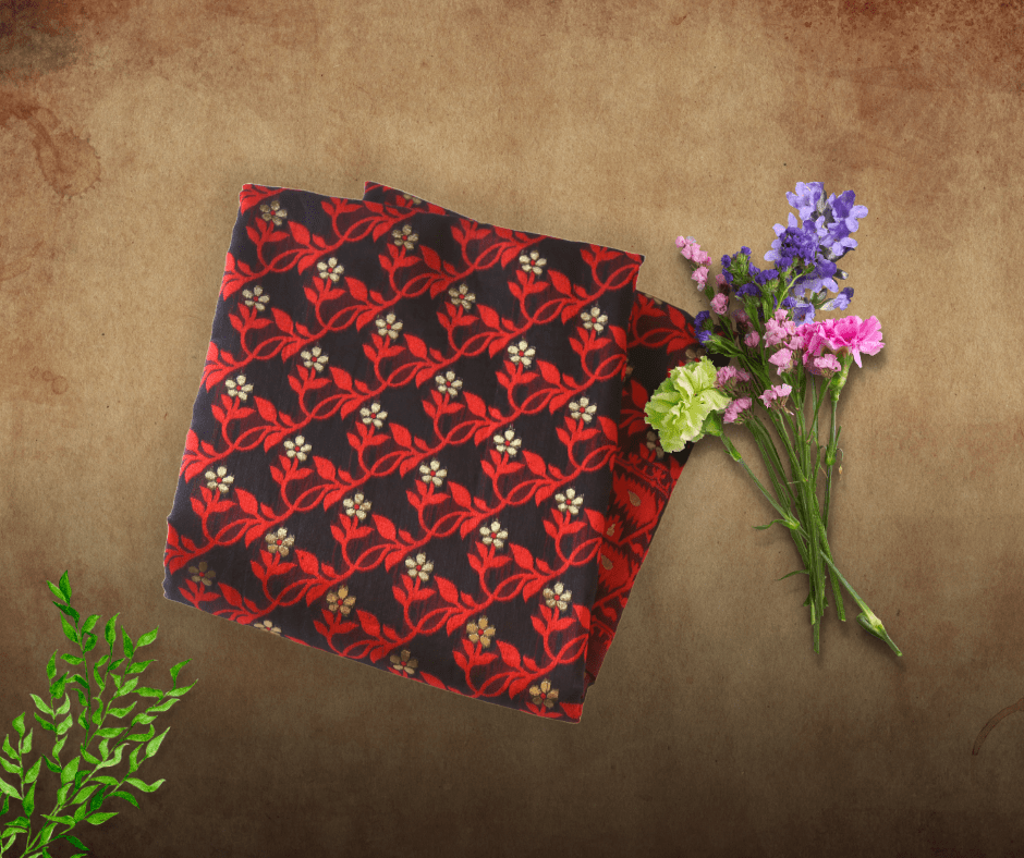 Red Black Floral Embroidered Jamdani Saree with BP Red Black Floral Embroidered Jamdani Saree with BP