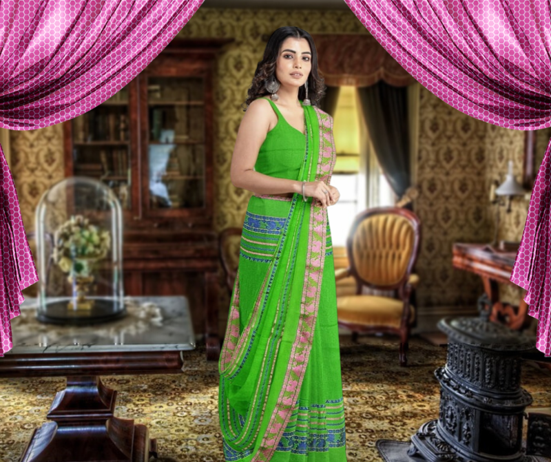 Khaadi Embroidered Saree - Parrot Green with BP Khaadi Embroidered Saree - Parrot Green with BP