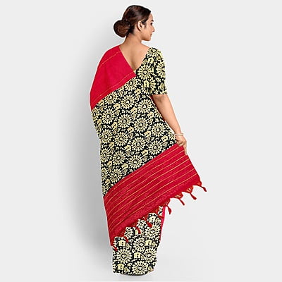 Cotton Khesh Primary Red and Cream Warli Printed Saree with BP