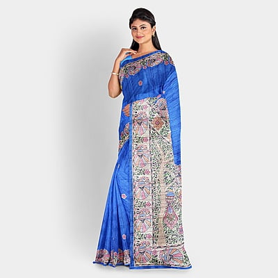 Madhubani Ghicha Silk Saree Handloom Blue Tussar with BP