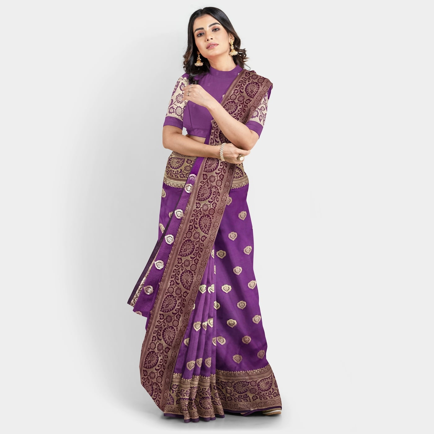 Rainandini Crisyana Handloom Purple Silk Zari Saree with BP Rainandini Crisyana Handloom Purple Silk Zari Saree with BP