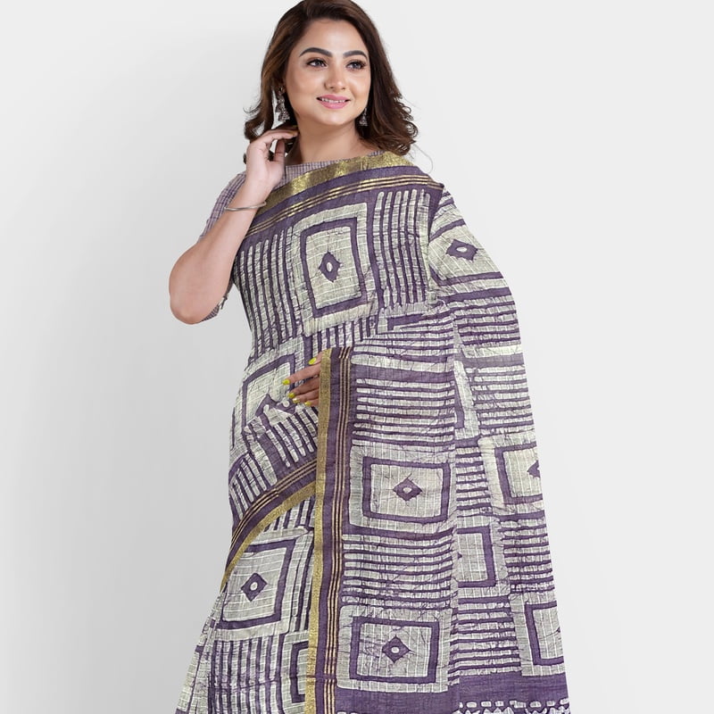 Handloom Linen Ultramarine Blue Box Batik Saree with BP