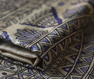 Ghicha Silk Handloom Tussar Blue Madhubani with BP